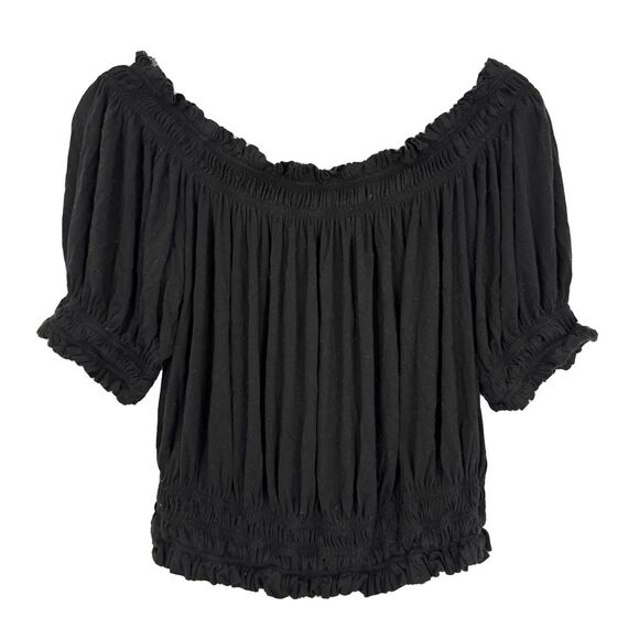 FREE PEOPLE Puff Sleeve Off Shoulder S Black Smocked Stretch Knit Blouse EUC B65 - Picture 2 of 5